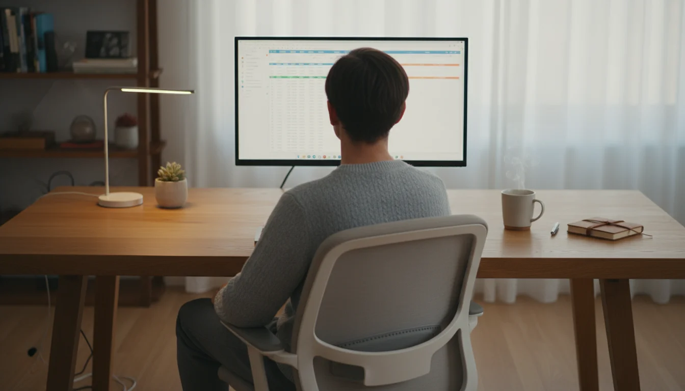 Person comfortably working at a home office desk, monitor elevated to eye level on a stack of sturdy hardcover books.