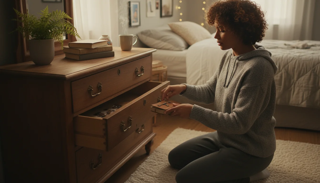 A person in comfy loungewear kneels by an open dresser drawer, sorting through small cluttered items in a sunlit bedroom.