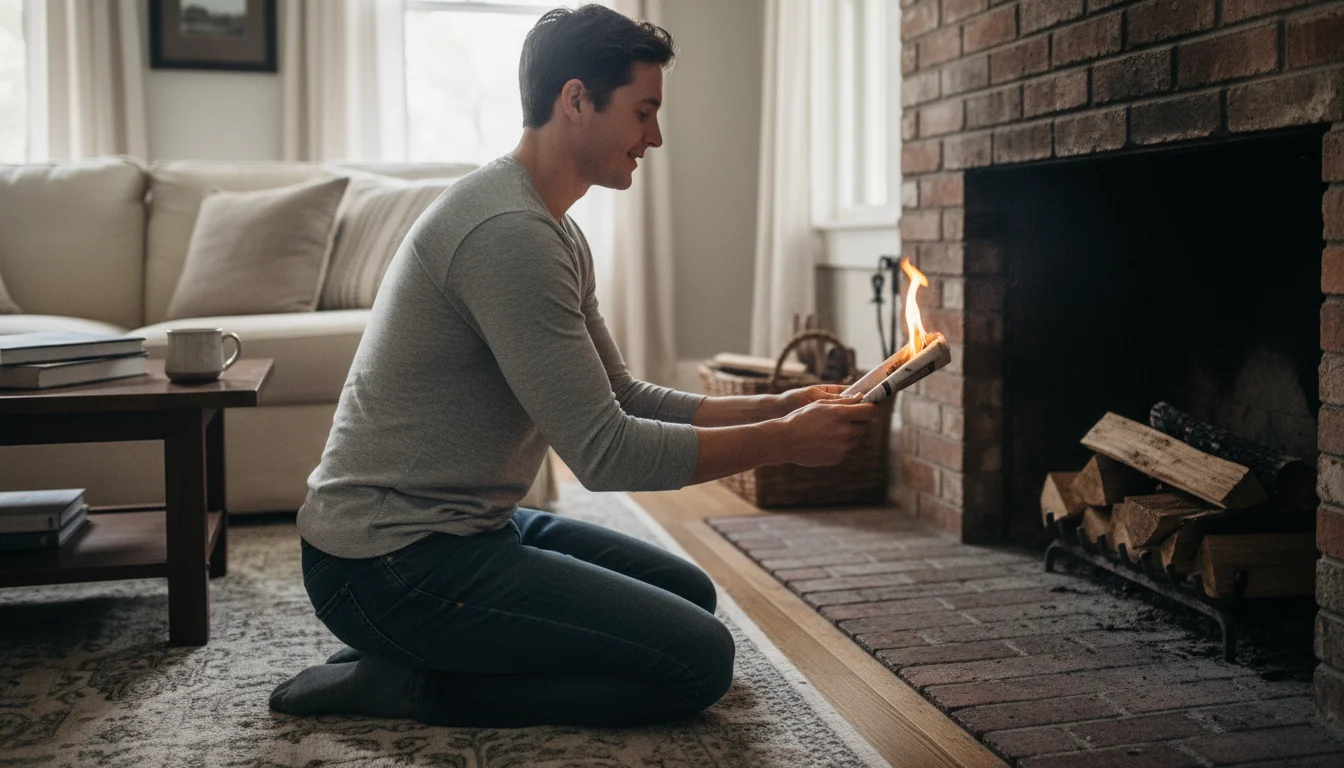 Person in a comfy shirt kneeling by a brick fireplace, holding a lit rolled newspaper into the flue opening.