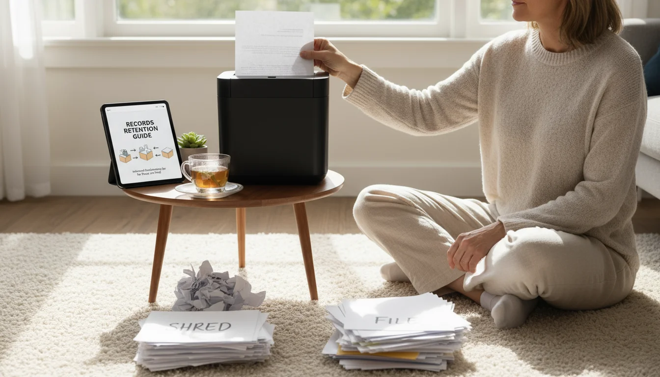 Person confidently sorting paper documents into 'shred' and 'file' piles on a rug, with a digital records retention guide nearby.