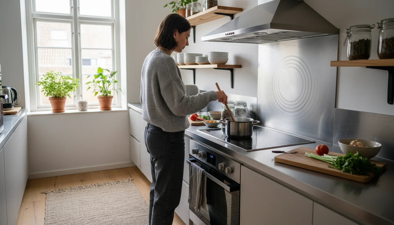 A person cooks in a sunlit kitchen with the exhaust fan on and a window slightly open.