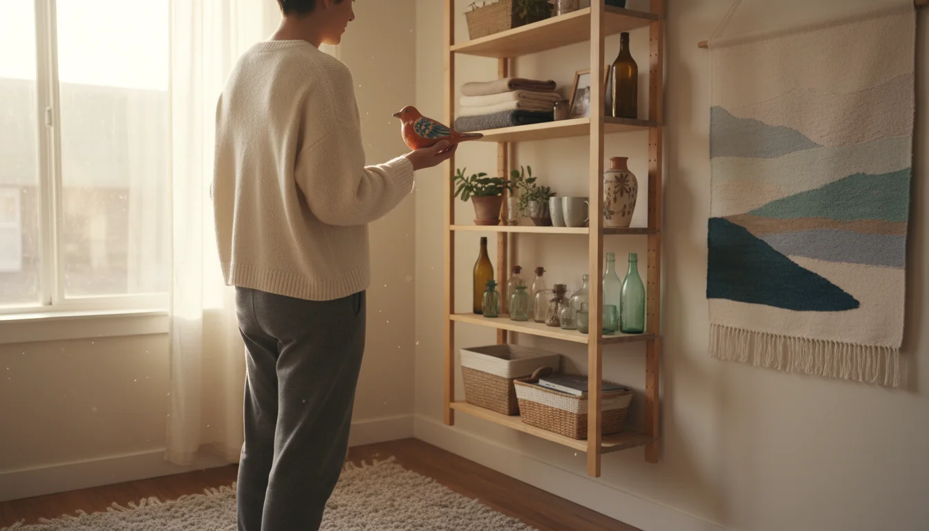 Person in a cozy apartment holding a decorative item, considering placing it in a donation bag next to a tall, organized wall shelf.