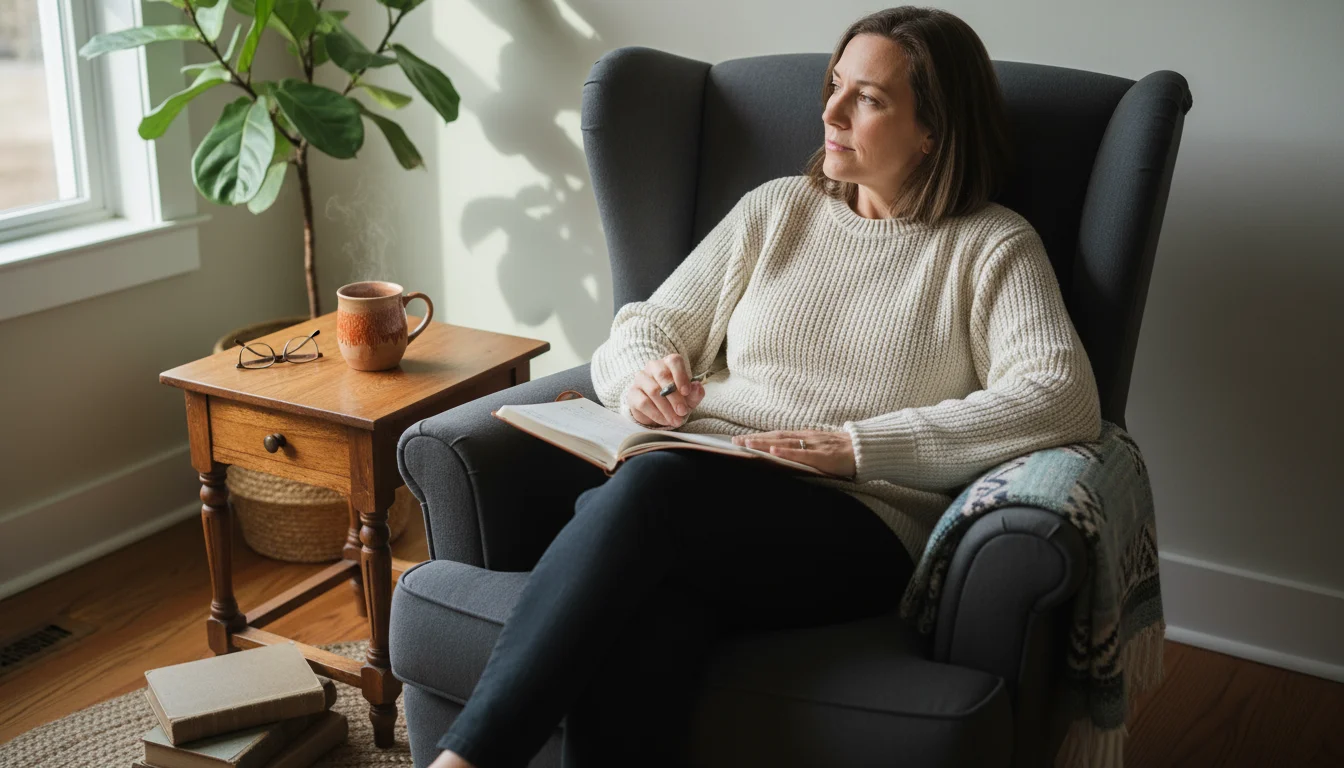 Person in a cozy armchair reviewing notes next to a newly refinished wooden end table with a mug. Soft light from a window.