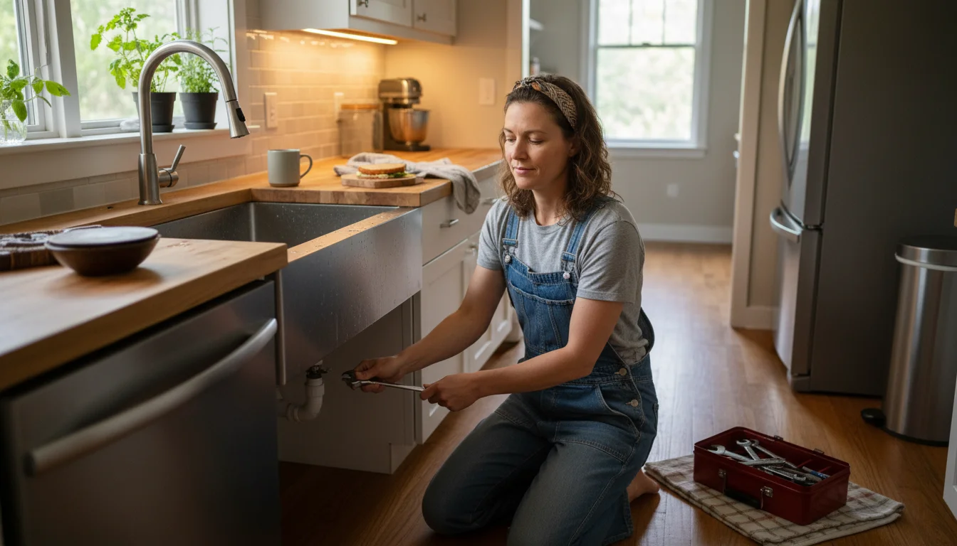 A person in a cozy kitchen kneeling by the sink, confidently tightening a faucet connection with a small wrench, tools nearby.