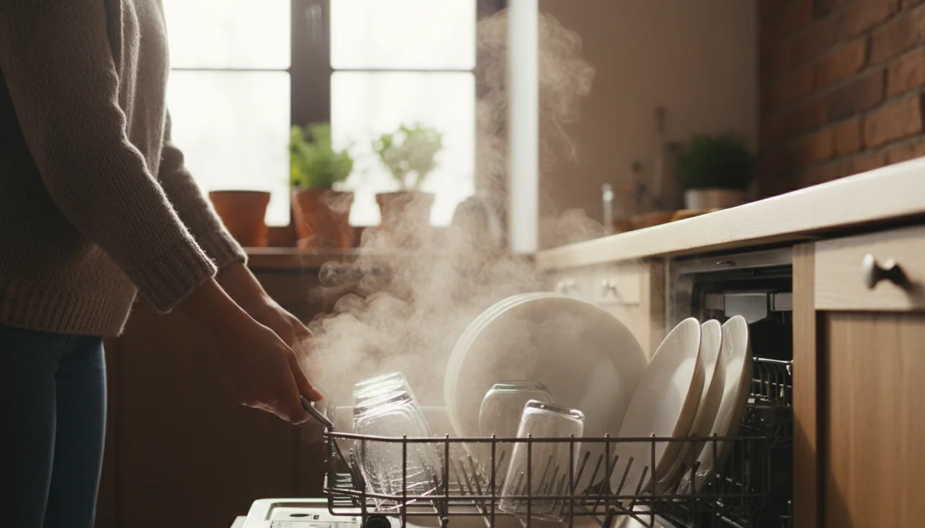 Person in a cozy kitchen opening a steaming dishwasher, revealing clean dishes air drying naturally.