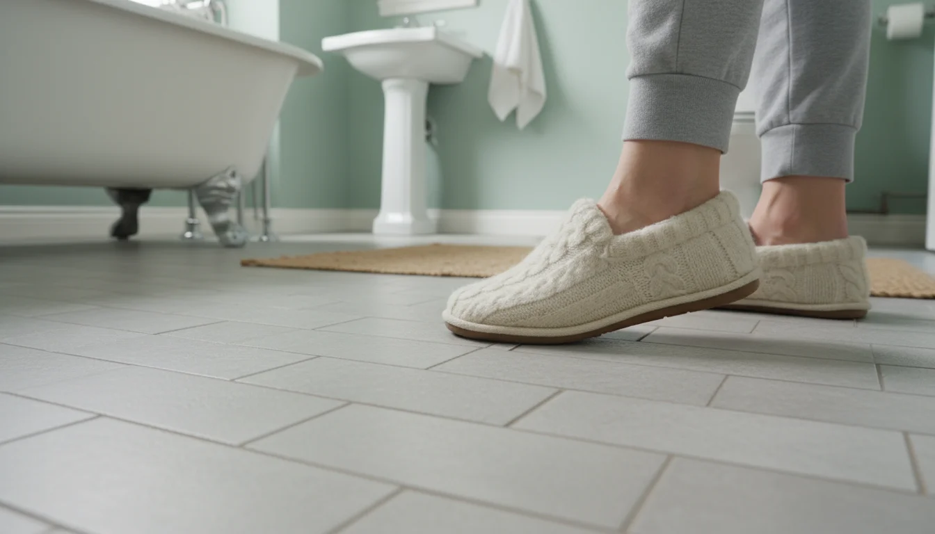 Person in cozy knitted slippers steps onto a newly installed light vinyl peel and stick bathroom floor, with a dated vanity in background.