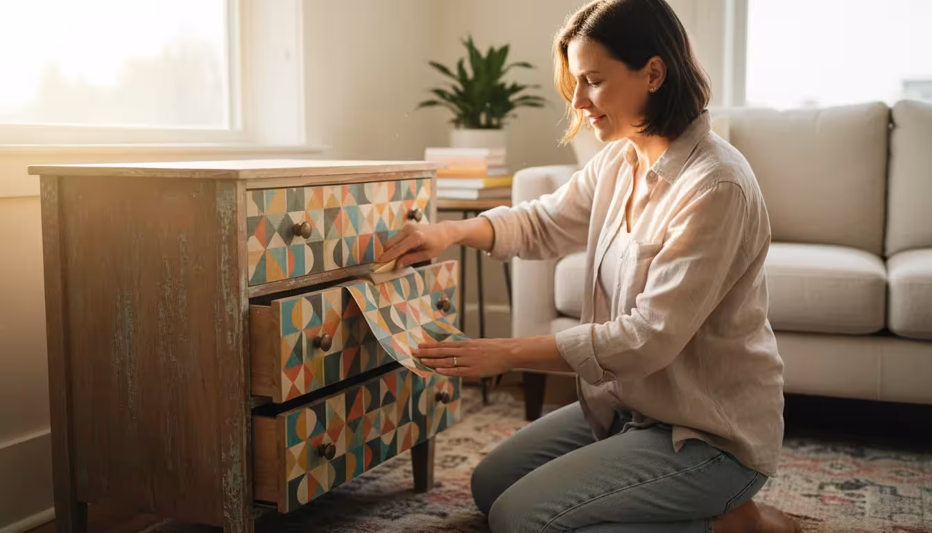 Person in a cozy living room applying vibrant geometric removable wallpaper to a worn wooden dresser drawer.
