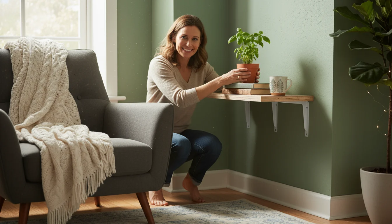 Person in cozy living room arranging a potted plant on a light plywood corner shelf with visible white L-brackets.