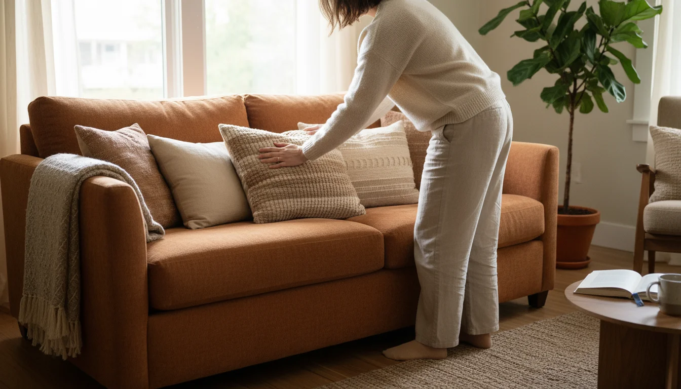 Person in cozy living room gently plumping a pillow on a sofa. Soft morning light fills the room.