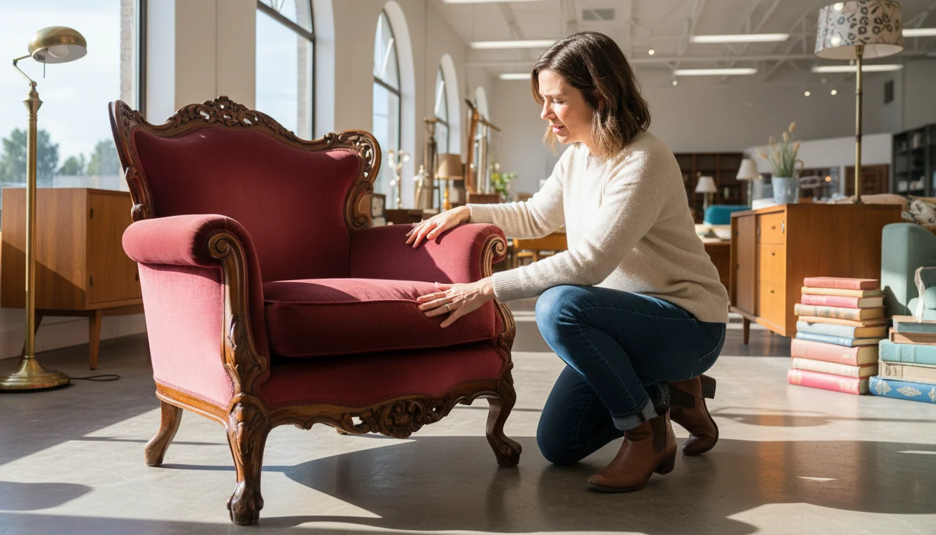 A person in a curated secondhand store examines a vintage velvet armchair, considering its potential for a cozy reading nook.