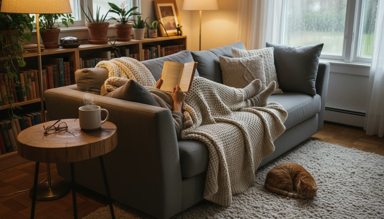 Person curled on a sofa, reading under a soft, textured throw blanket with a mug of tea nearby in a cozy, lived-in living room.
