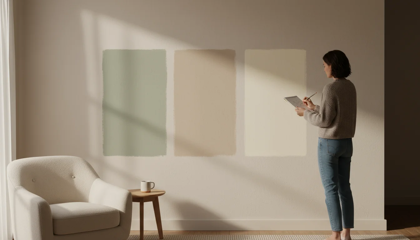 Person evaluating three warm-toned paint samples (sage, greige, off-white) painted on a sunlit wall in a cozy room.