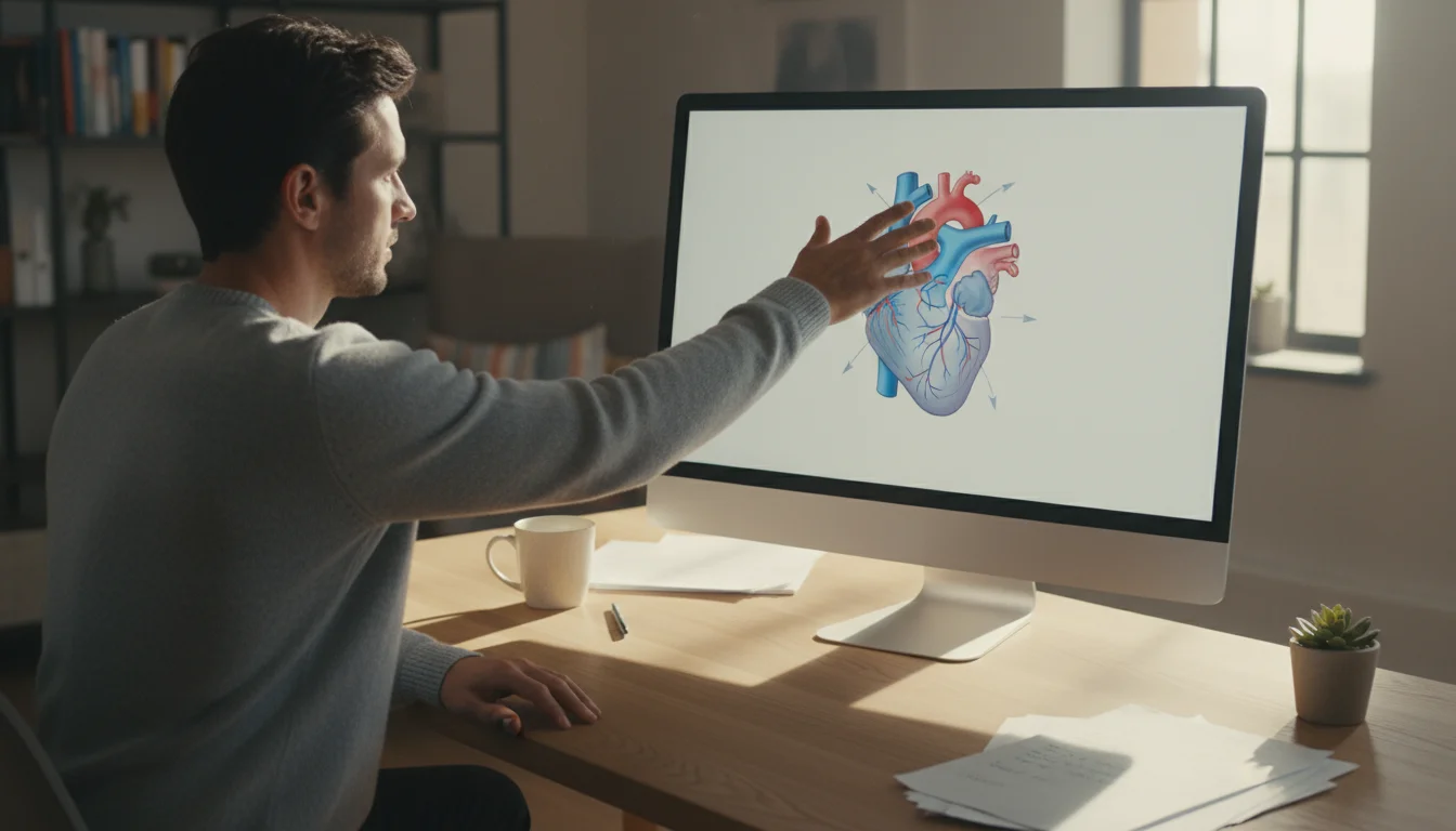 Person extending arm towards a tilted monitor, set at eye level and arm's length distance in a practical home office.