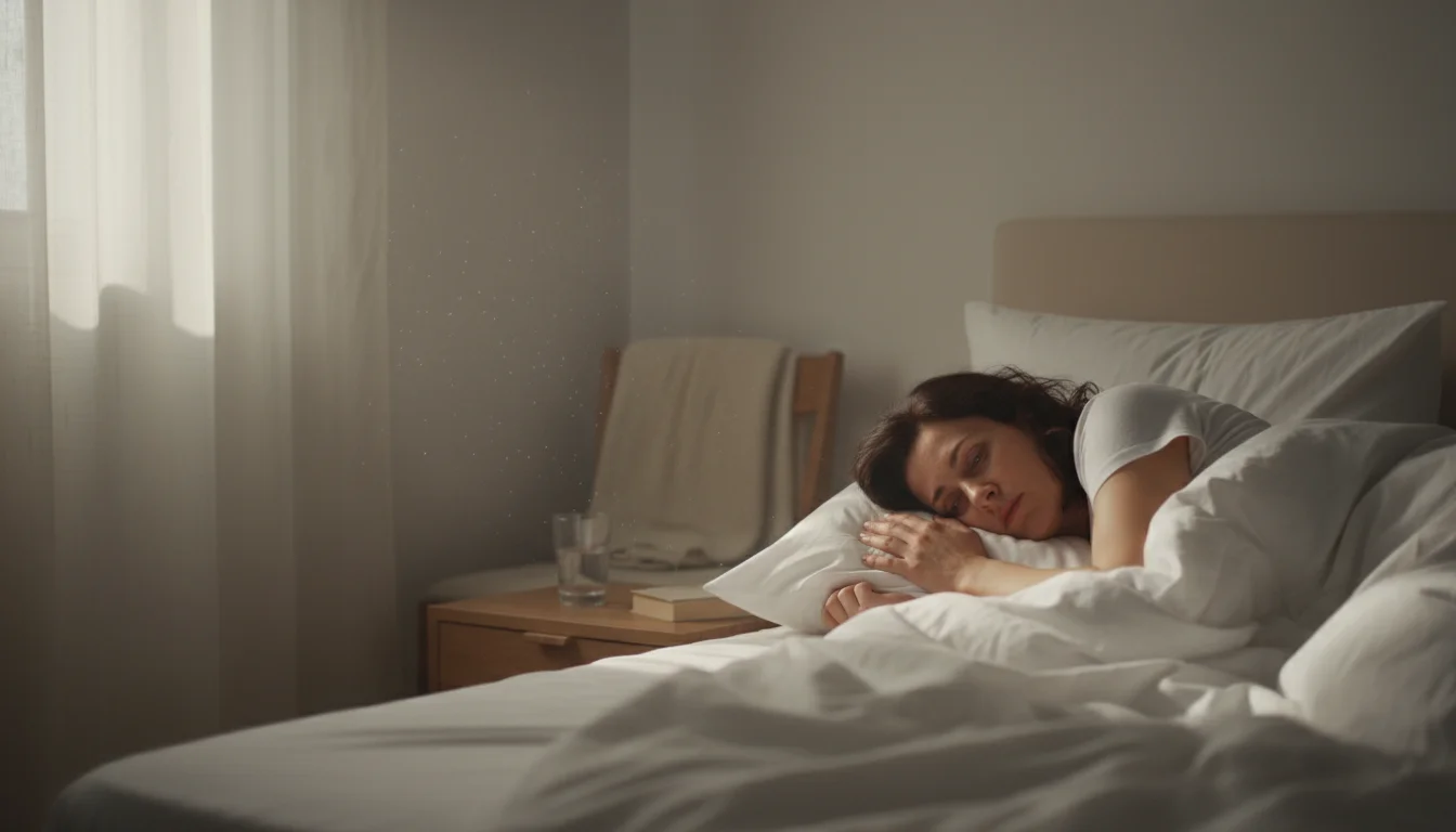 A person's face, partially obscured by a pillow, showing a groggy, unrefreshed expression as hazy morning light illuminates dust motes in a bedroom.