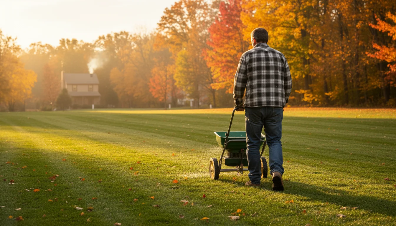 Person in fall attire pushes a lawn spreader across an autumn lawn, applying fertilizer. Golden light, colorful trees, scattered leaves.