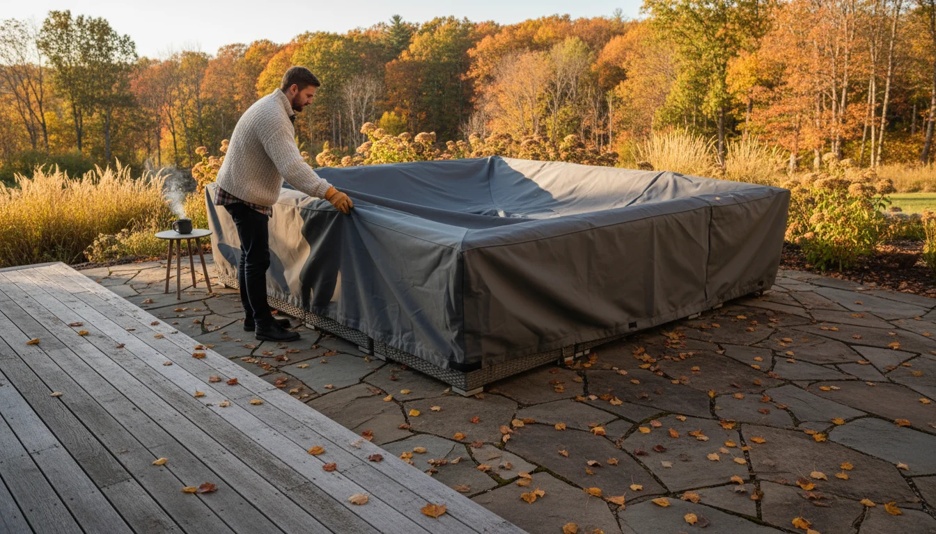A person in fall clothing covers a large outdoor sectional sofa on a wooden deck with autumn leaves scattered around.