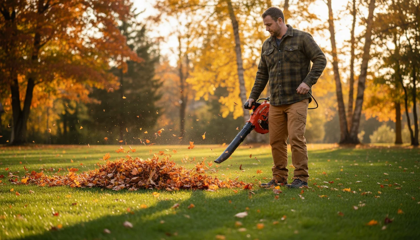 A person in a fall jacket and jeans uses a leaf blower to clear a large pile of colorful autumn leaves across a green lawn at sunset.