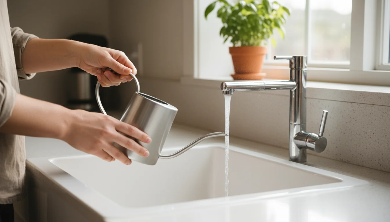 A person fills a small metal watering can from a kitchen faucet, emphasizing mindful water use in a bright, clean kitchen.