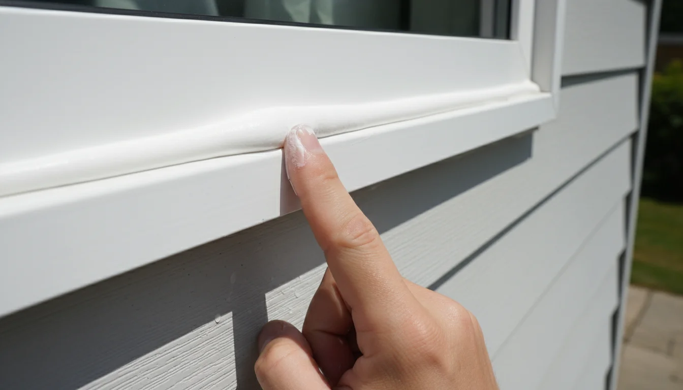 A person's finger smoothing a fresh white caulk bead along the exterior joint of a white window frame and light gray siding.