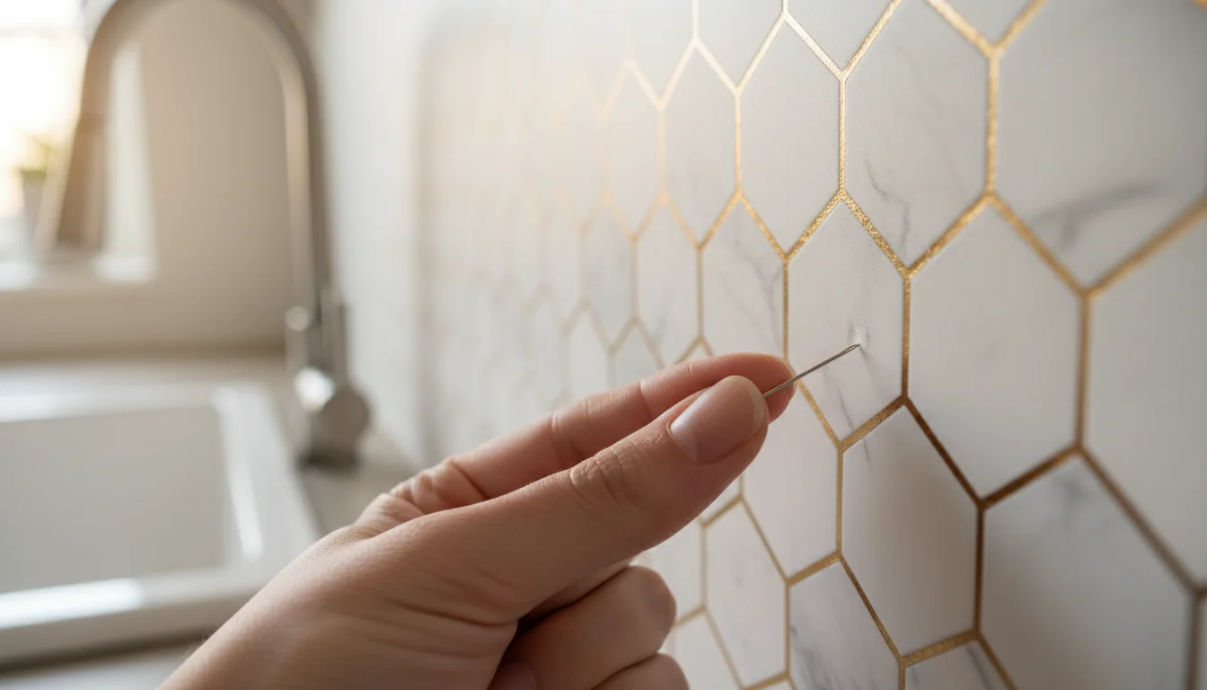 Close-up of a person's fingers carefully using a fine needle to prick a small air bubble on a newly installed patterned peel-and-stick tile.