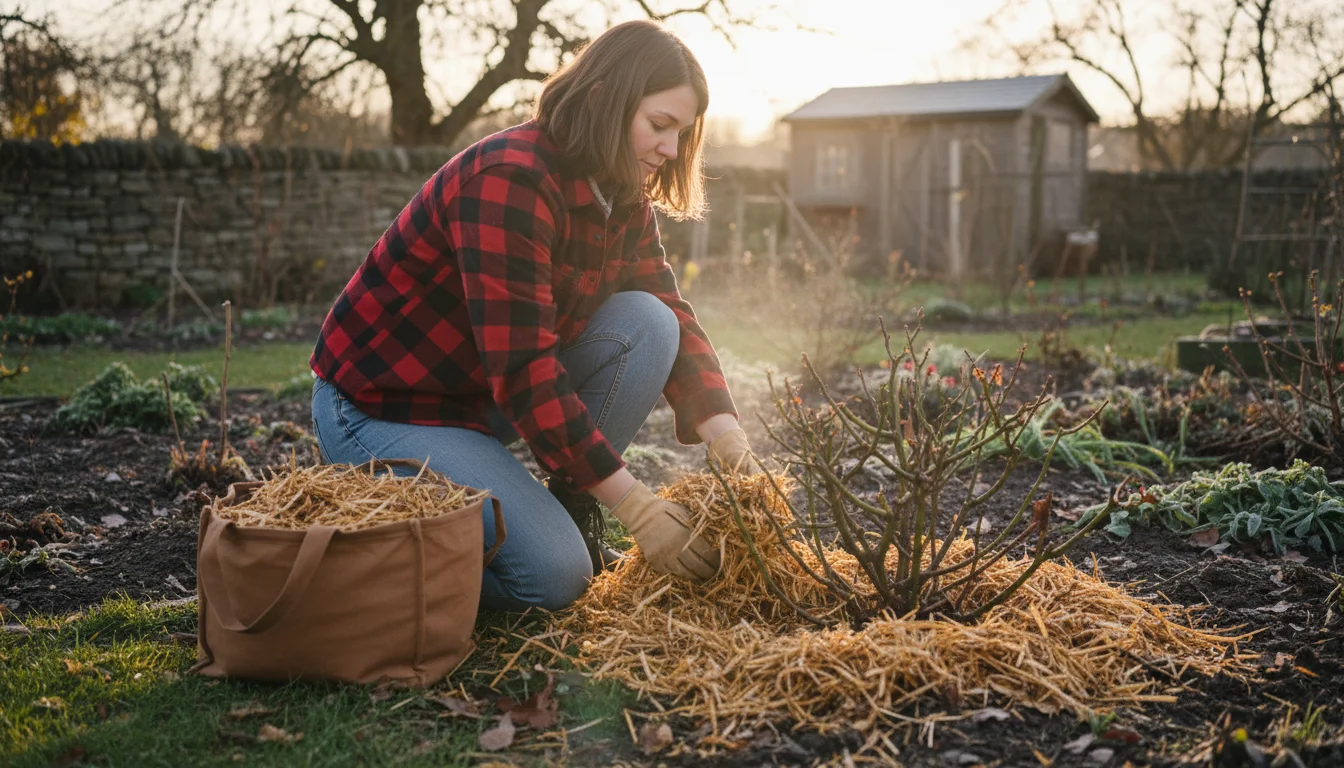 Person in flannel shirt and gloves kneeling, spreading shredded leaves and straw mulch around a dormant rose bush in a garden.