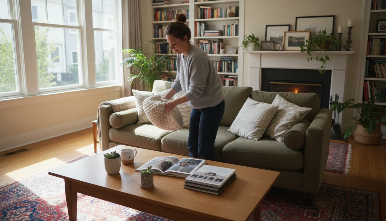 A person fluffs a pillow on a sofa in a bright, tidy living room with a neat coffee table and vacuumed floor.