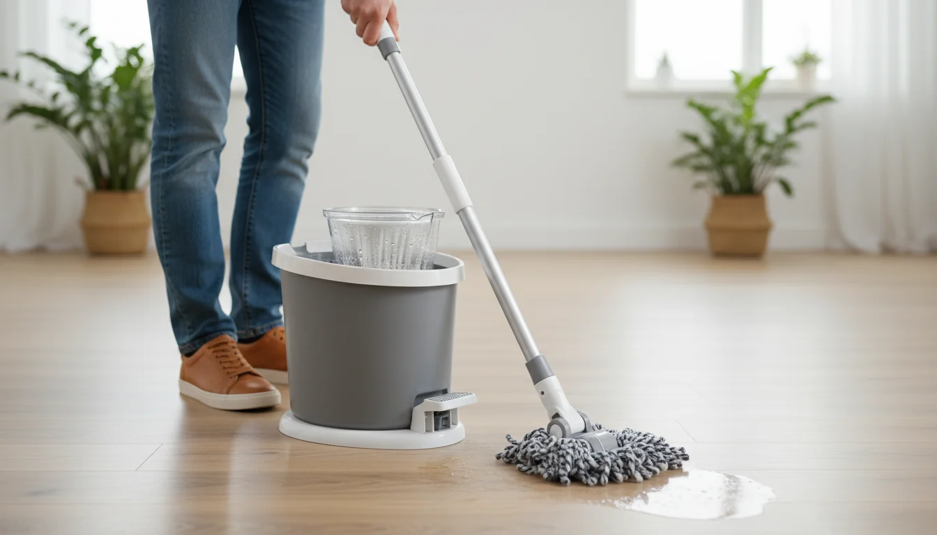 Person's foot presses a spin mop pedal, rapidly wringing a microfiber mop head in a modern bucket on a clean floor.
