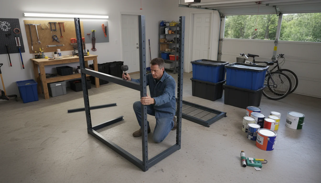 A person in a garage is assembling a dark gray boltless freestanding metal shelving unit, connecting a crossbeam to an upright frame. Heavy-duty stora