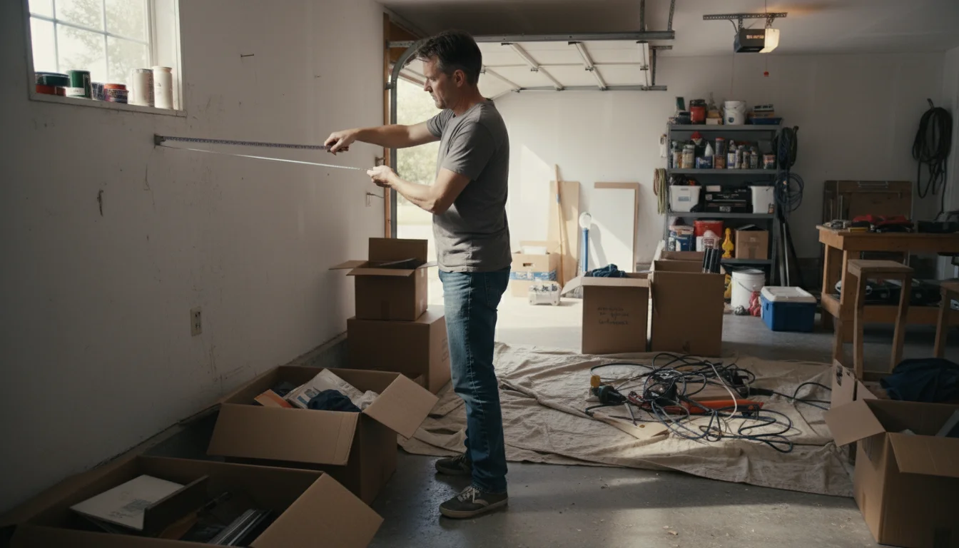A person in a garage holds a measuring tape, looking thoughtfully at a wall. Open boxes and sorted items on a drop cloth are visible nearby.