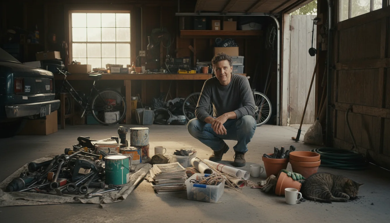 A person in a garage thoughtfully categorizing items into distinct piles on the floor, including tools, seasonal decor, and sports equipment.