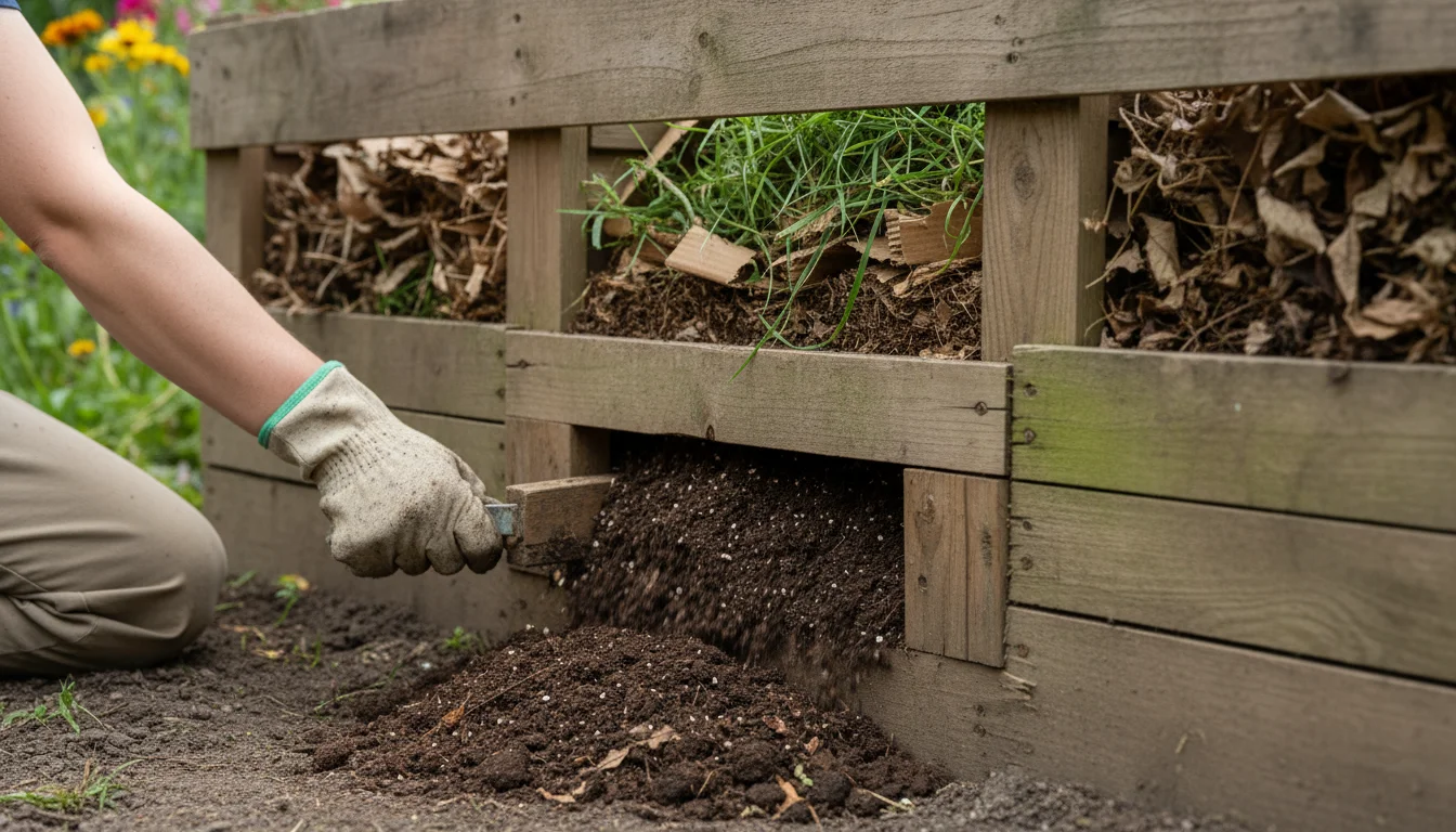 A person in gardening gloves kneels beside a wooden compost bin, opening a bottom access door to reveal dark, finished compost.