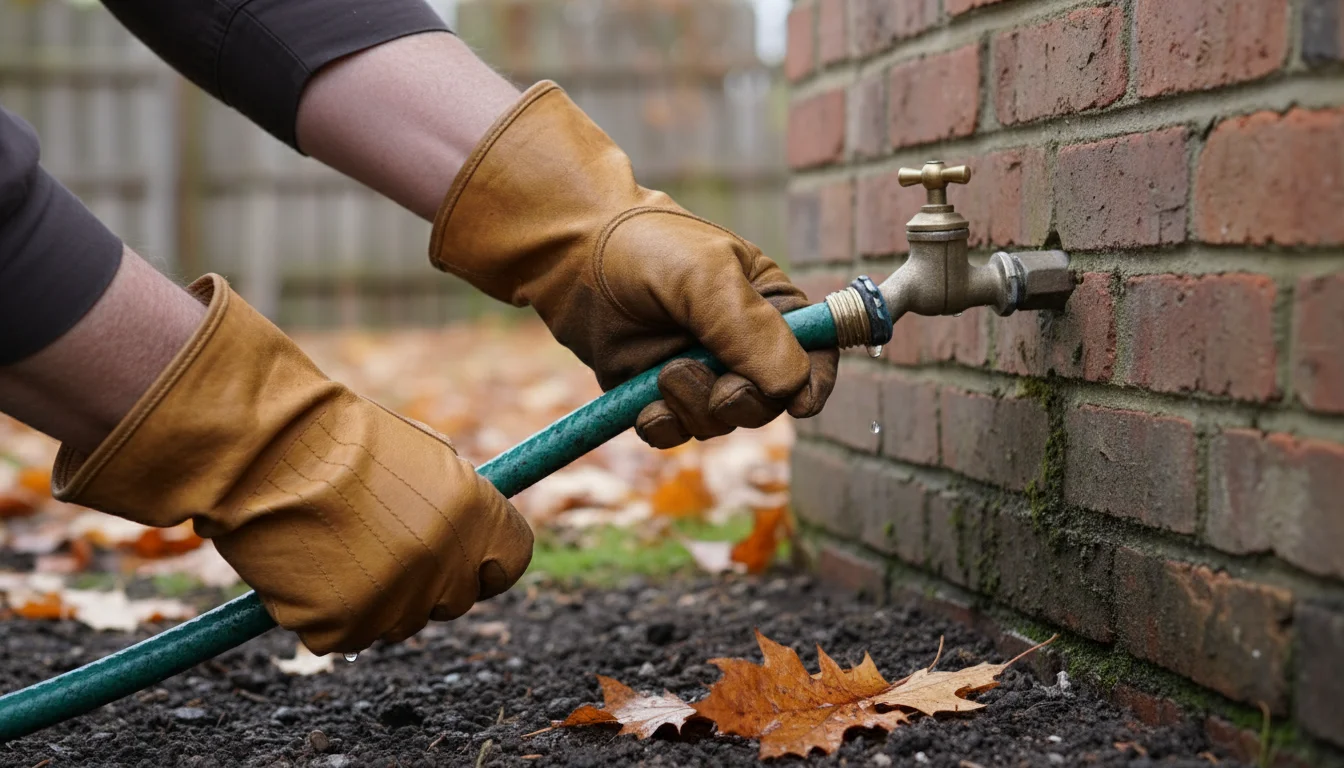 A person's gloved hands disconnect a green garden hose from an outdoor spigot on a brick wall, with autumn leaves on the ground.