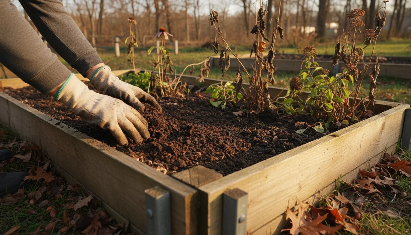 A person's gloved hands scattering dark compost over cleared garden soil in a raised bed during autumn.