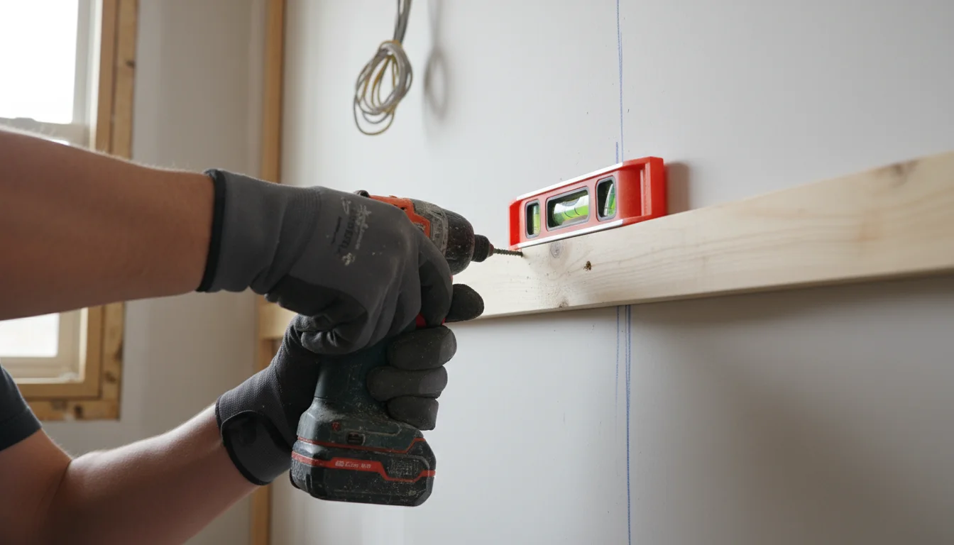 Close-up of a person's gloved hands using a drill to screw a wooden support cleat into a closet wall, with a level showing it's straight.