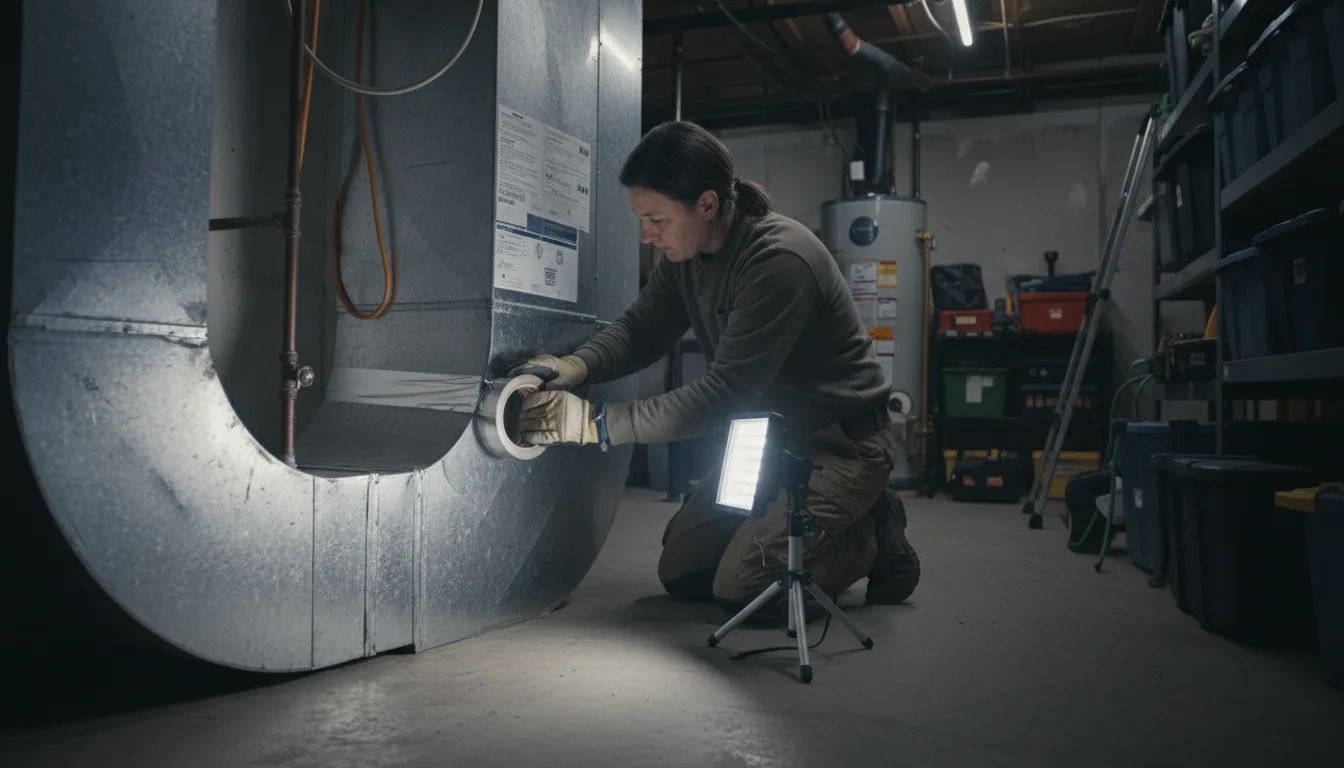 Person in gloves kneeling, actively sealing a silver HVAC duct with metallic foil tape in a utility basement.