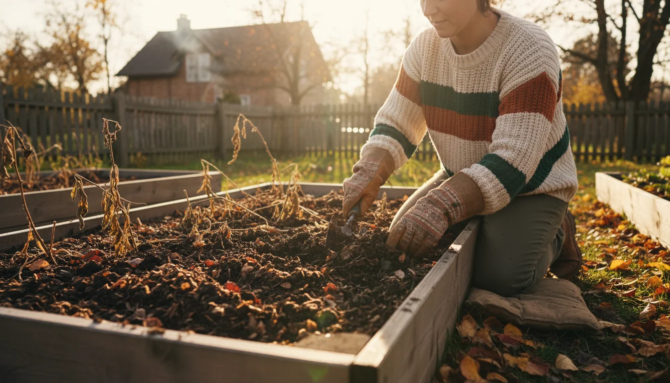 A person in gloves kneels beside a garden bed, mixing dark compost into the soil. A rustic compost bin sits nearby.