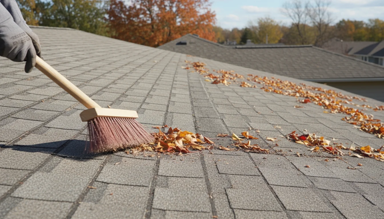 Person in gloves gently sweeping dry autumn leaves from a gray shingled roof with a soft broom, showing clean and uncleared areas.