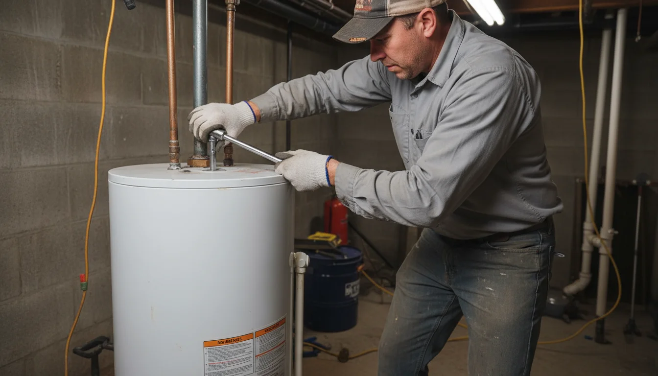 Person with gloves using a large socket wrench to loosen the anode rod on top of a residential water heater in a utility room.