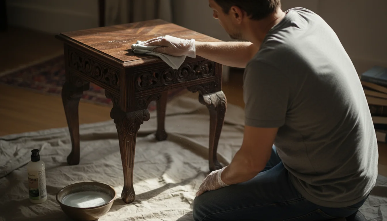 Person in gloves carefully wipes down a secondhand dark wooden side table with a damp cloth and cleaning supplies nearby.