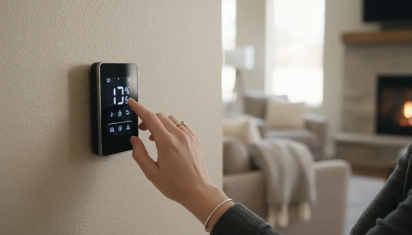 A person's hand adjusting a smart thermostat mounted on a neutral wall.