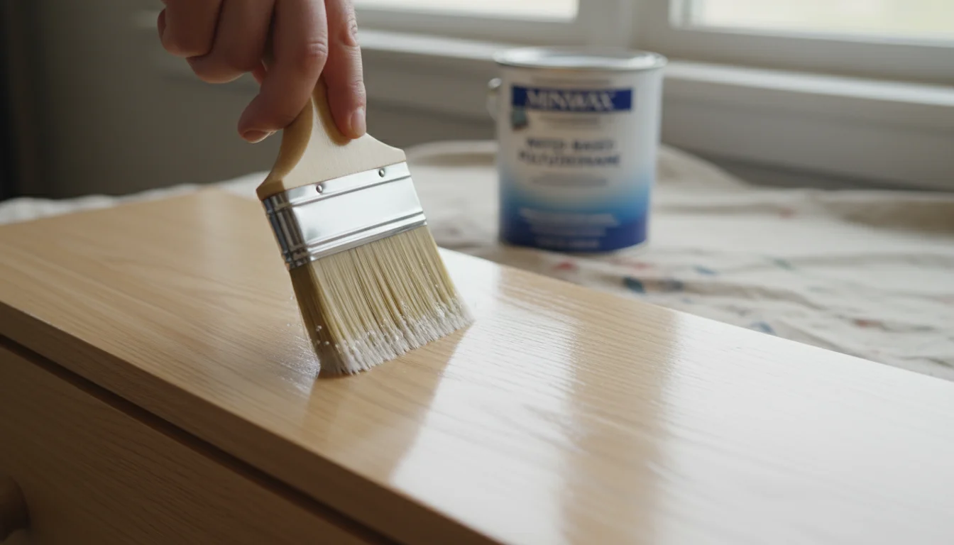A person's hand brushes a clear protective topcoat onto a wooden dresser drawer front, revealing a subtle sheen.