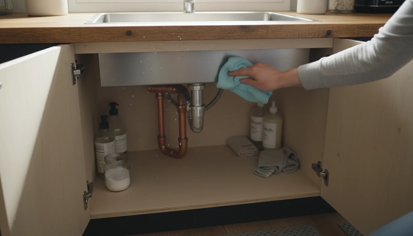 A person's hand with a cloth checks for leaks under a kitchen sink, where cleaning supplies are neatly stored.
