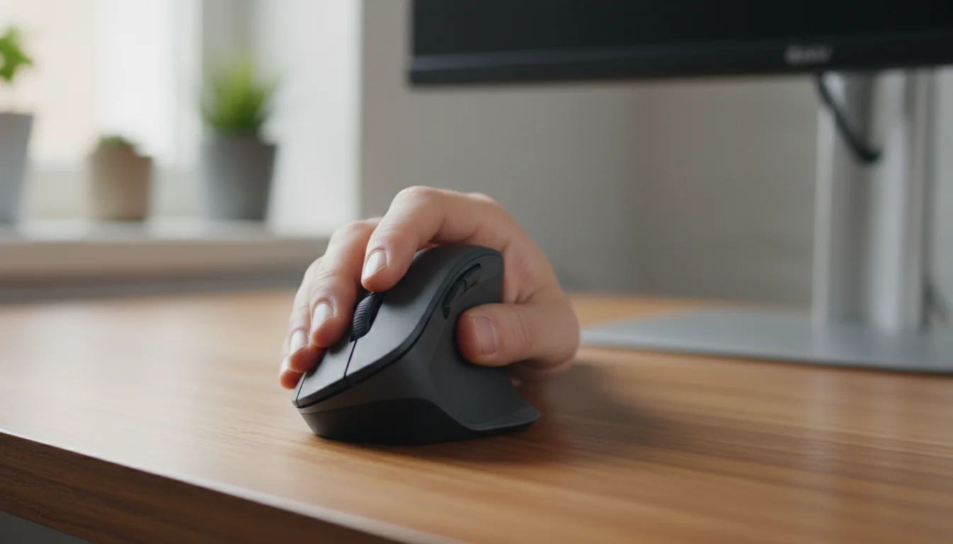 Close-up of a person's hand comfortably gripping a dark grey vertical ergonomic mouse on a warm wooden desk.