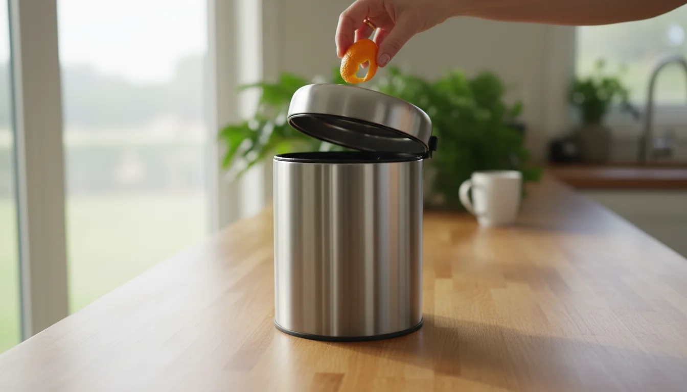 A person's hand drops orange peel into a brushed stainless steel countertop compost pail with its lid ajar on a kitchen counter.