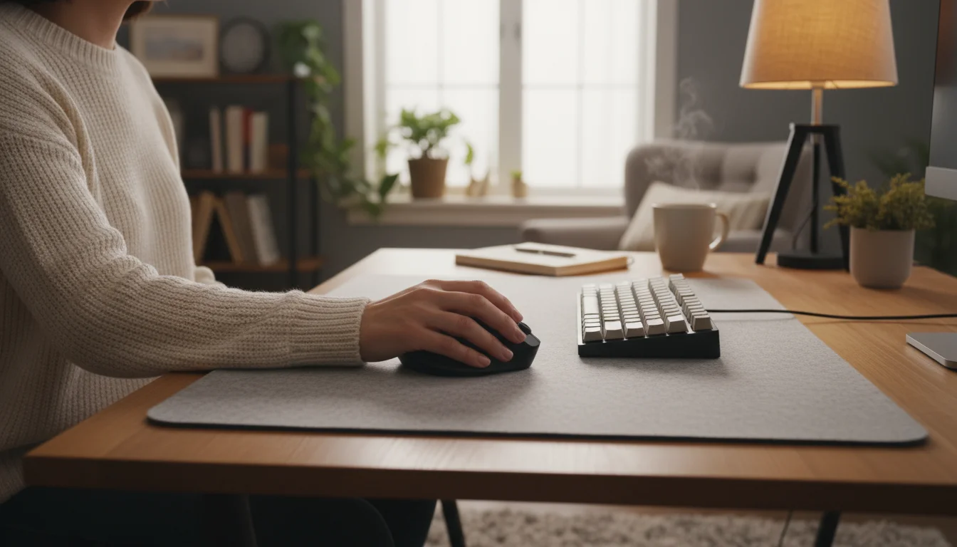 Person's hand on an ergonomic mouse, wrist straight, positioned right next to a compact keyboard on a warm wooden desk.