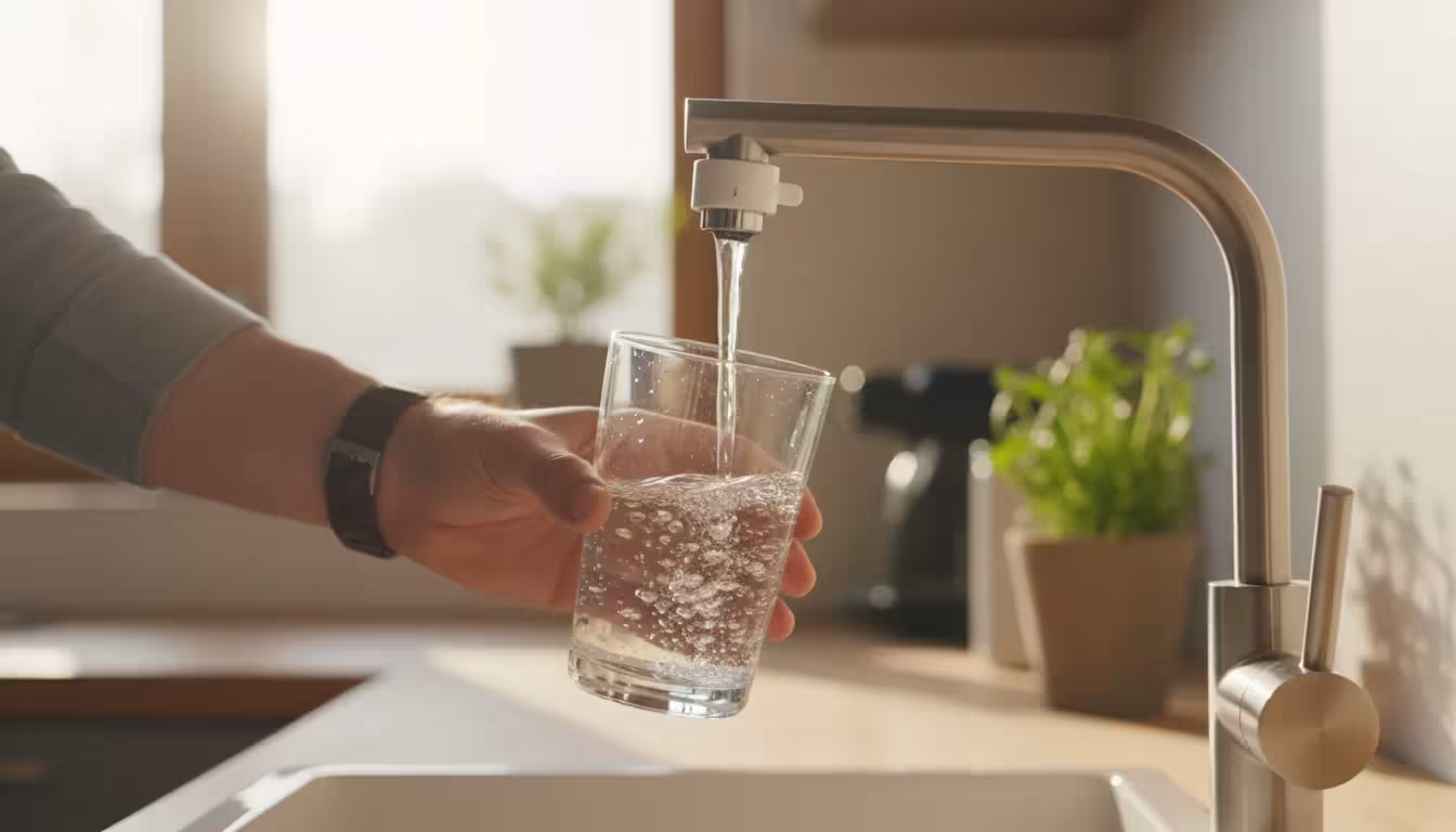 A person's hand fills a clear drinking glass with water from a kitchen faucet equipped with a mounted filter, emphasizing tap water use.