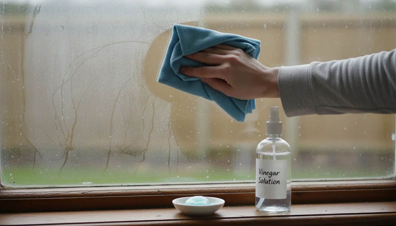 A person's hand firmly wipes a window pane with a microfiber cloth, removing faint cloudy residue with a vinegar and soap solution.
