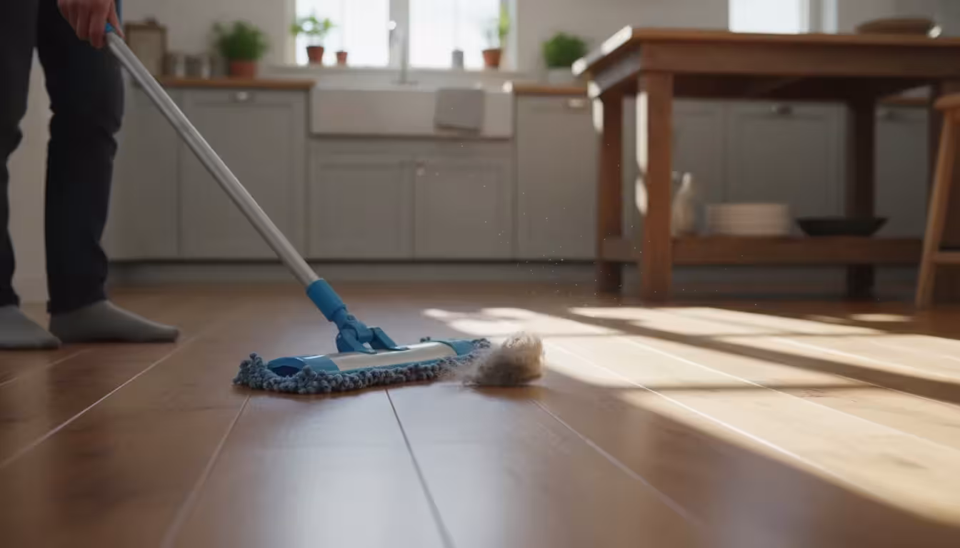 A person's hand guides a micro fiber dust mop over a natural hardwood floor in a sunlit home hallway, picking up a small dust bunny.