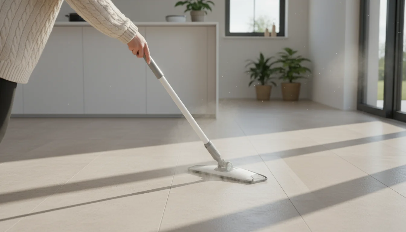 A person's hand guides a steam mop across a light-colored floor, leaving a clean, damp path behind.