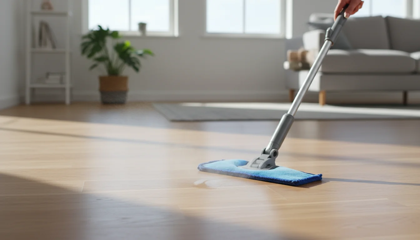 A person's hand guides a white and gray spray mop with a microfiber pad across a light hardwood floor, cleaning a small smudge.